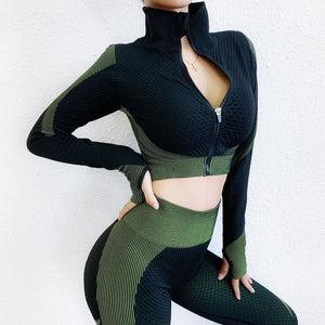 Fitness Suits Yoga Women Outfits 3pcs Long Sleeve Shirt+Sport Top Bras+Seamless Leggings Workout Running Clothing Gym Wear,LF051