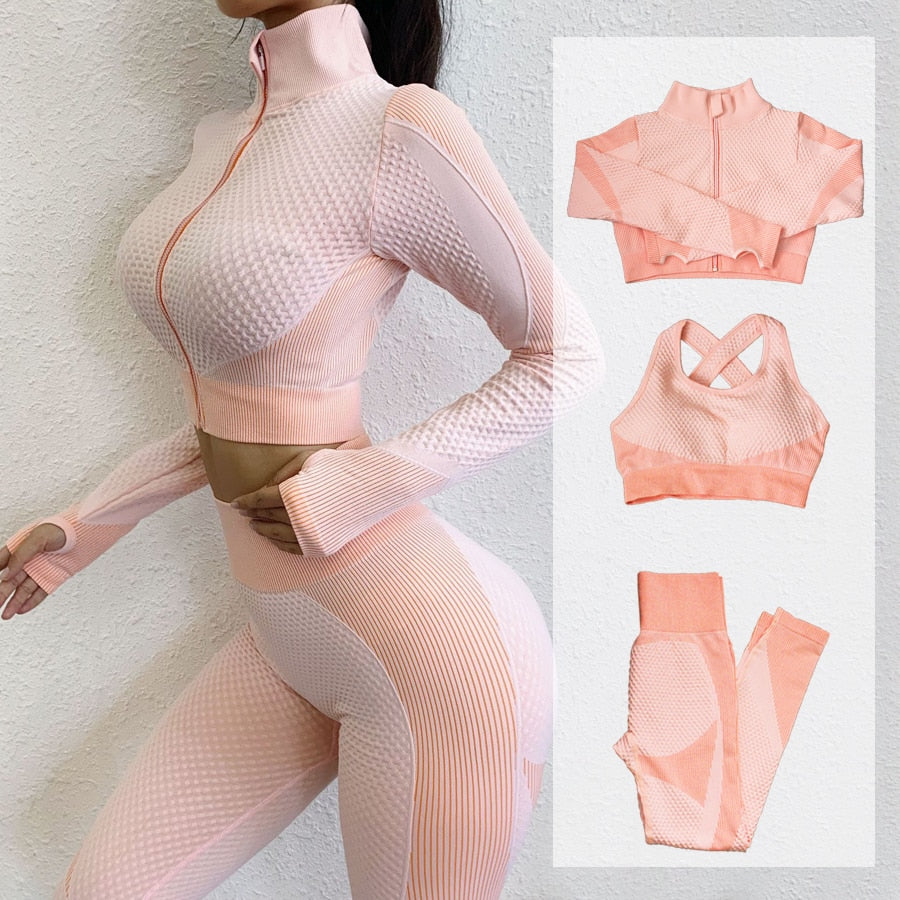 Fitness Suits Yoga Women Outfits 3pcs Long Sleeve Shirt+Sport Top Bras+Seamless Leggings Workout Running Clothing Gym Wear,LF051