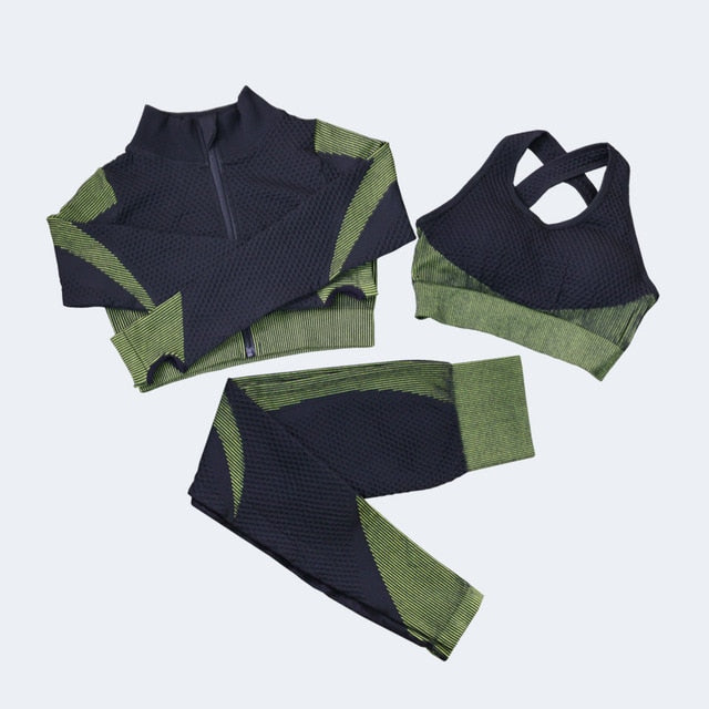 Fitness Suits Yoga Women Outfits 3pcs Long Sleeve Shirt+Sport Top Bras+Seamless Leggings Workout Running Clothing Gym Wear,LF051