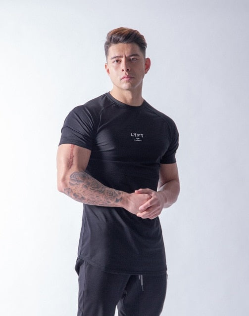 High Quality Men Tshirt High Elasticity Professional GYM Fitness O-Neck Mens T Shirts Slim Fit  Curved Hemline Raglan Sleeve 3XL