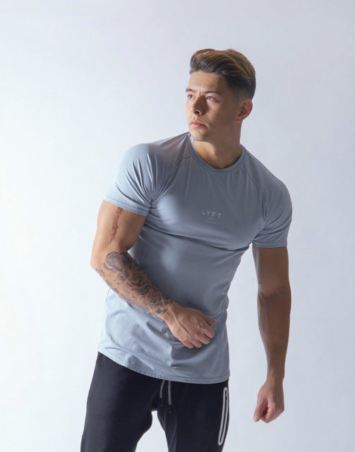 High Quality Men Tshirt High Elasticity Professional GYM Fitness O-Neck Mens T Shirts Slim Fit  Curved Hemline Raglan Sleeve 3XL